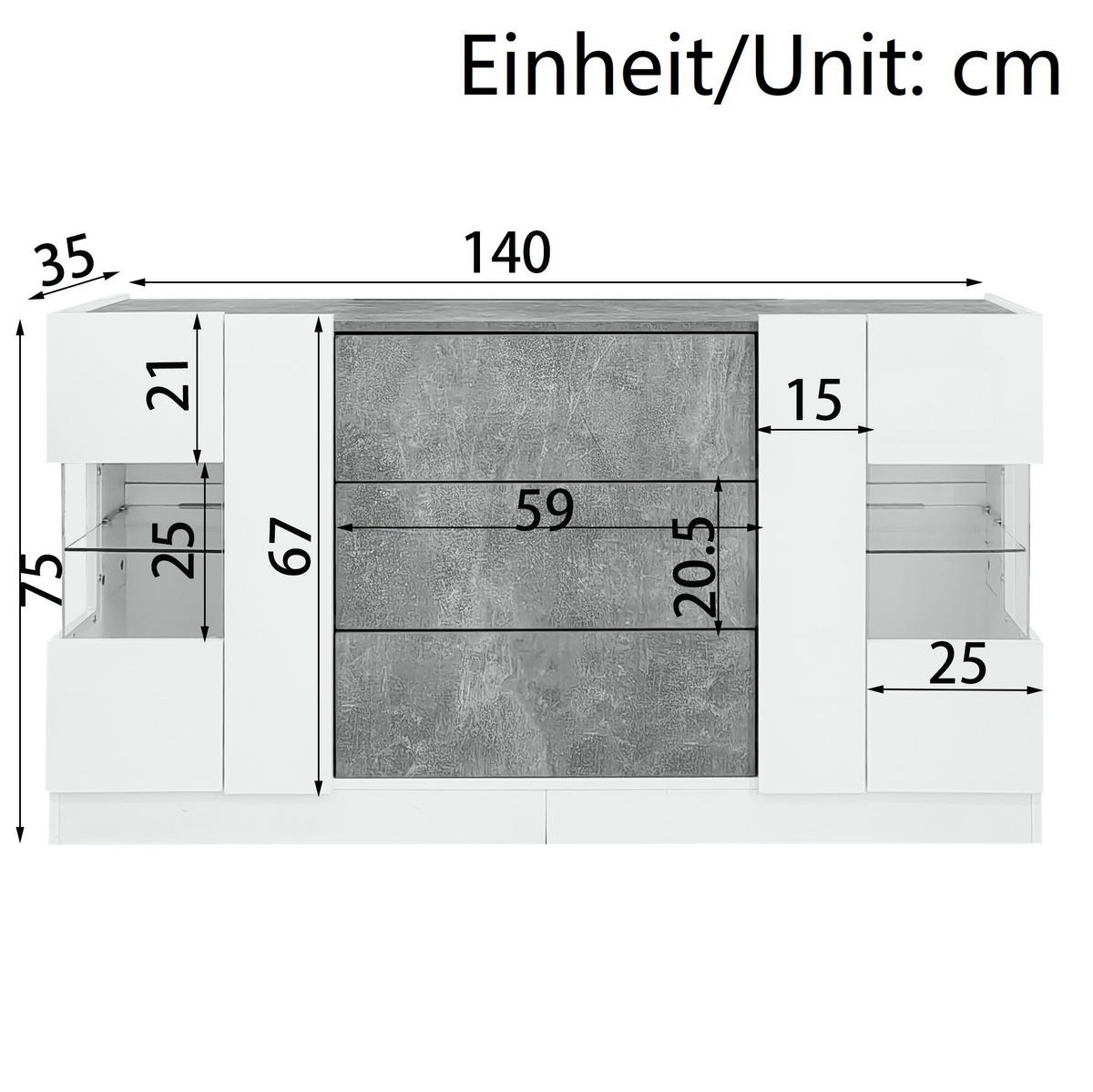 SIDEBOARD 140/35/75 cm weiß Marmorlook aus MDF mit LED - Weiß, Holzwerkstoff (140/75/35cm) - OKWISH