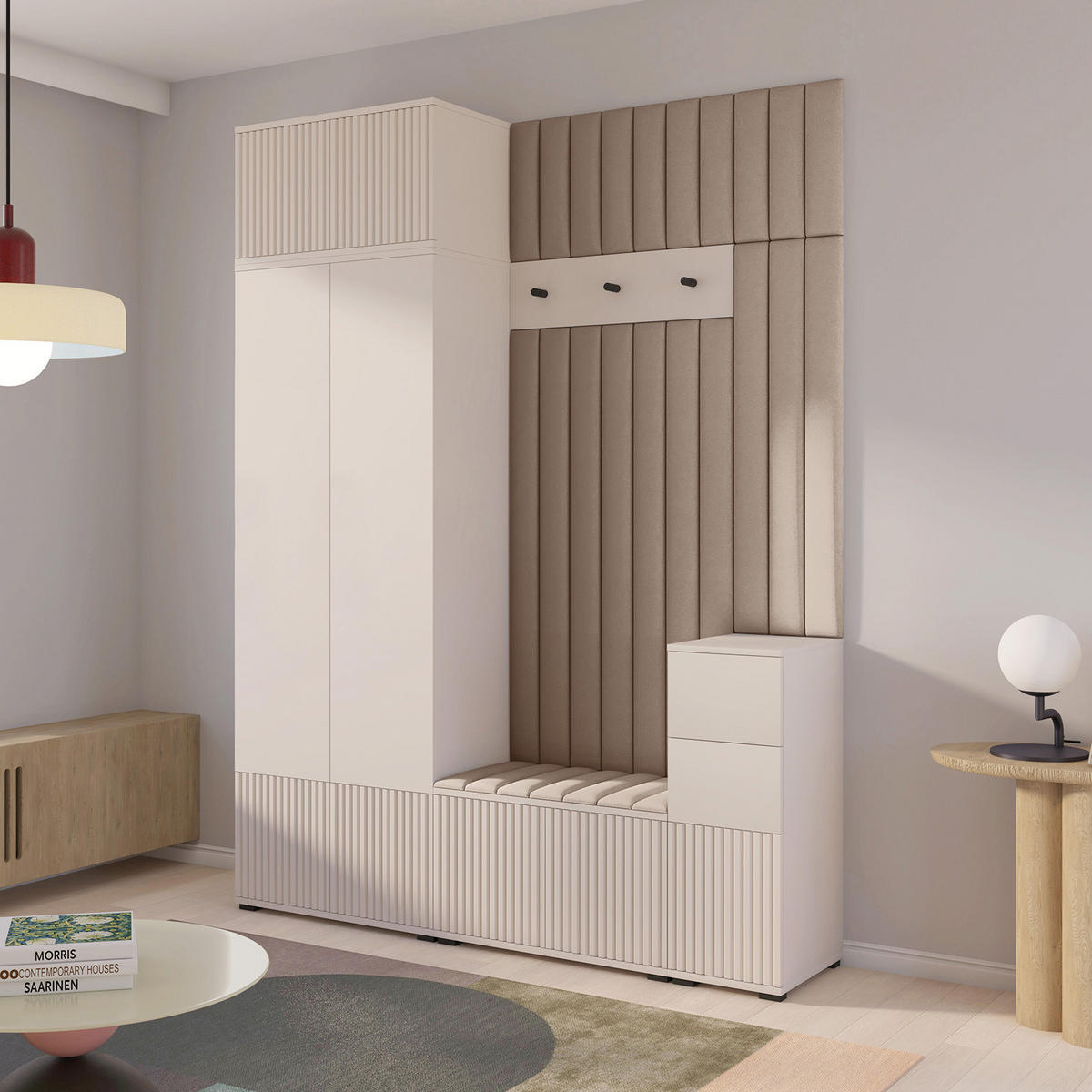 GARDEROBE Ritmo version 8 gefräste Kleiderschrank mit Polsterplatten Beige - Beige/Creme, Holzwerkstoff (170/225/40cm) - Jerpax