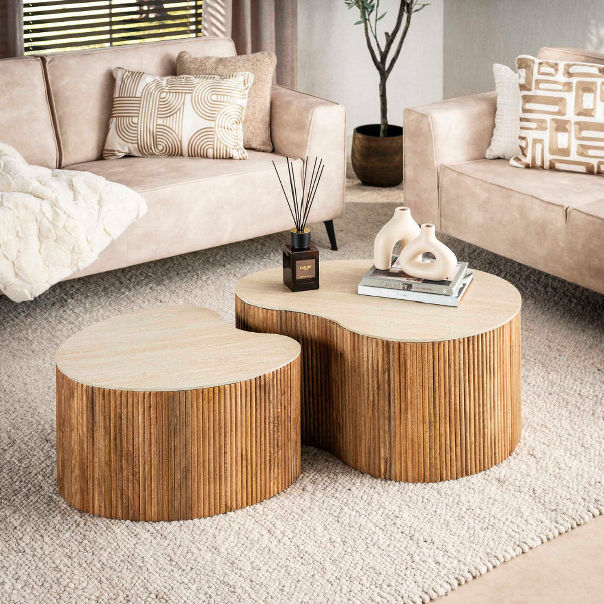 COUCHTISCH-SET EMILIO NUVOLA Nierenförmige Satztische mit Travertin-Keramik - Beige/Braun, Holz (60/82/40cm) - alesvelt