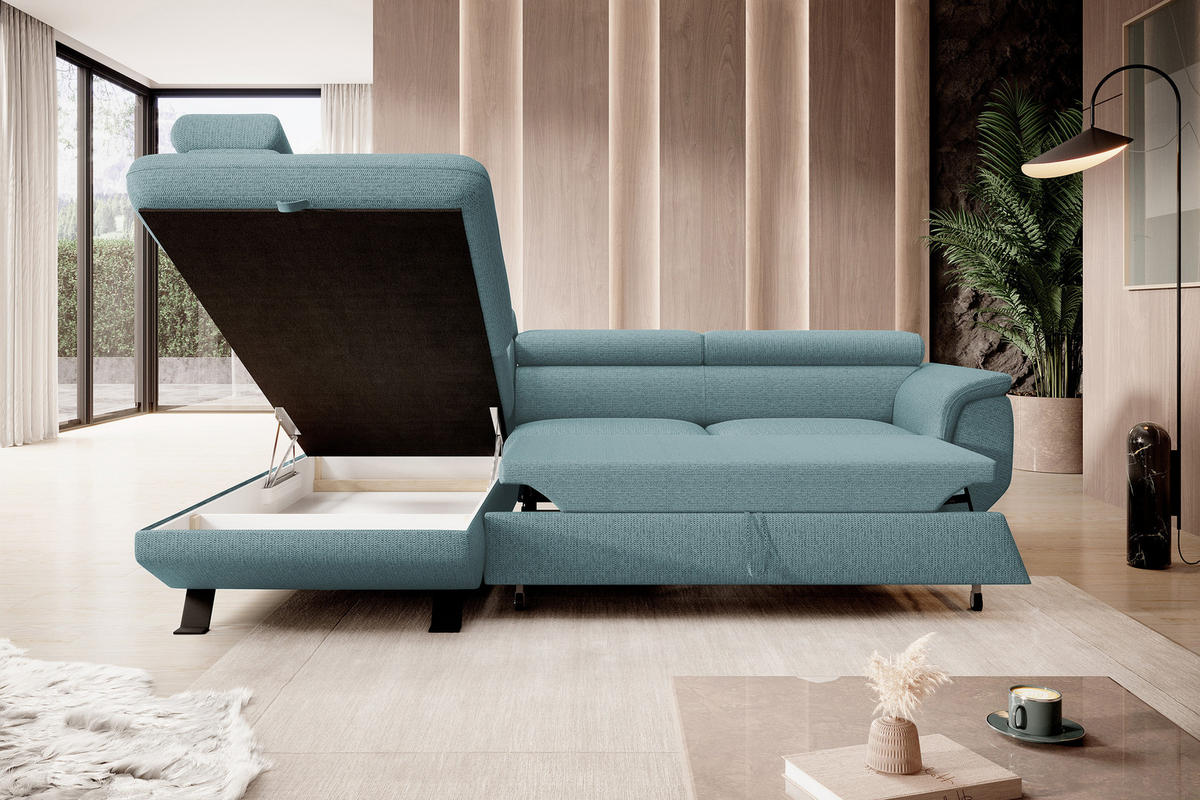 ECKSOFA RAVEN L mit Schlaffunktion und Bettkasten, Freistehend, Polstersofa mit Verstellbaren Kopfstützen, 257x198x96 cm, Linke, Hellblau - Hellblau, Holz/Textil (198/256cm) - DomoHome