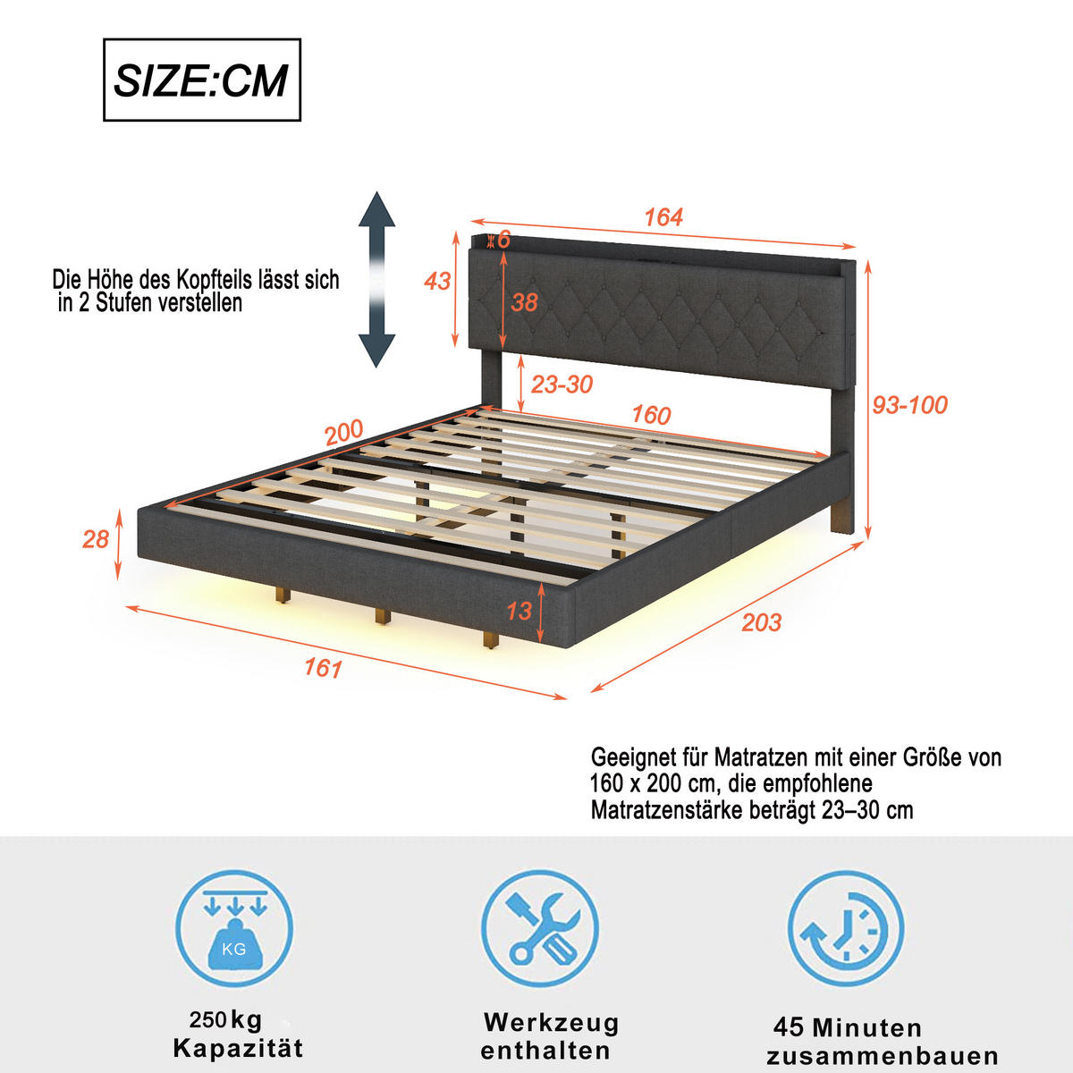 POLSTERBETT 160/200 cm grau mit USB-Ladeanschluss und LED-Farbwechsel-Lichtleiste - Grau, Textil (160/200cm) - OKWISH