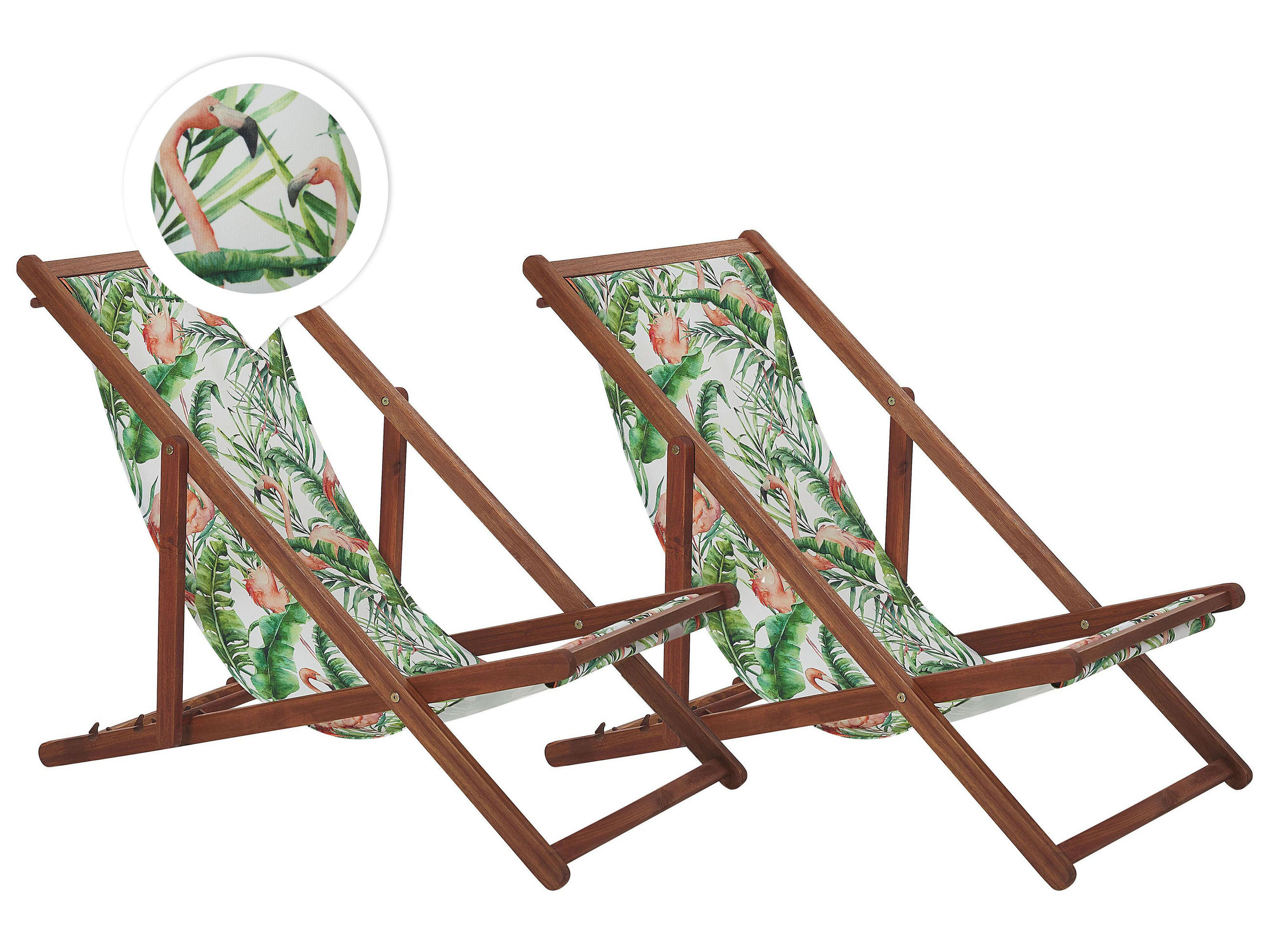 GARTENLIEGE 2er-Set dunkelbraun Textil Weiß/Bunt Flamingomuster Anzio - Dunkelbraun/Multicolor, Textil (54/70/97cm) - Beliani
