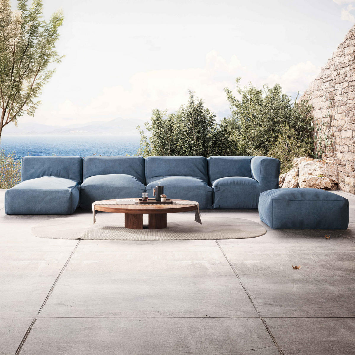 GARTENSOFA 5-tlg., Pazifikblau - Blau, Textil (85/65/160cm) - Oviala