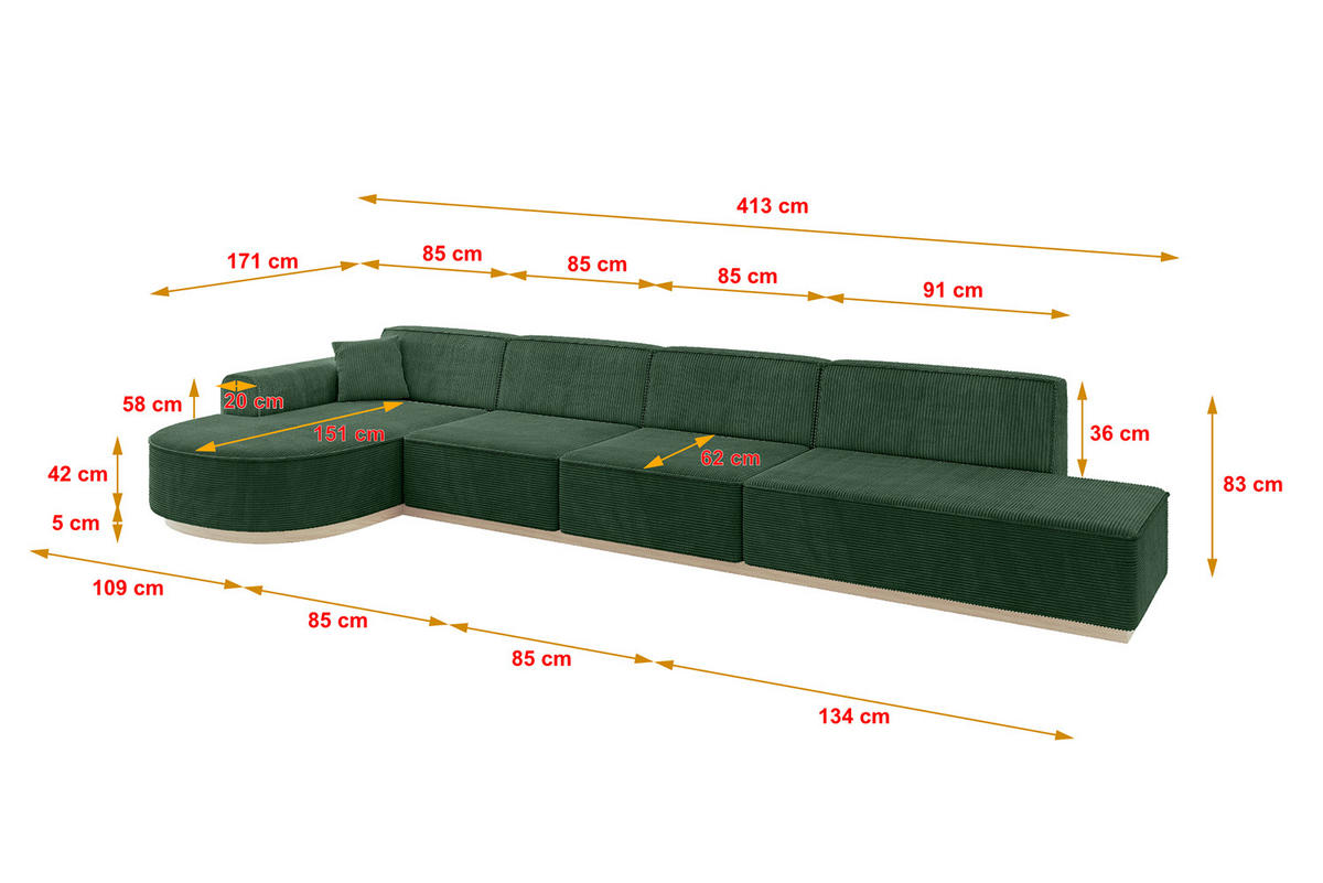 ECKSOFA Ottomane Links ARRIO-L3 - 413x171x83 cm Grün - Grün, Holzwerkstoff/Textil (413/171cm) - ALTDECOR