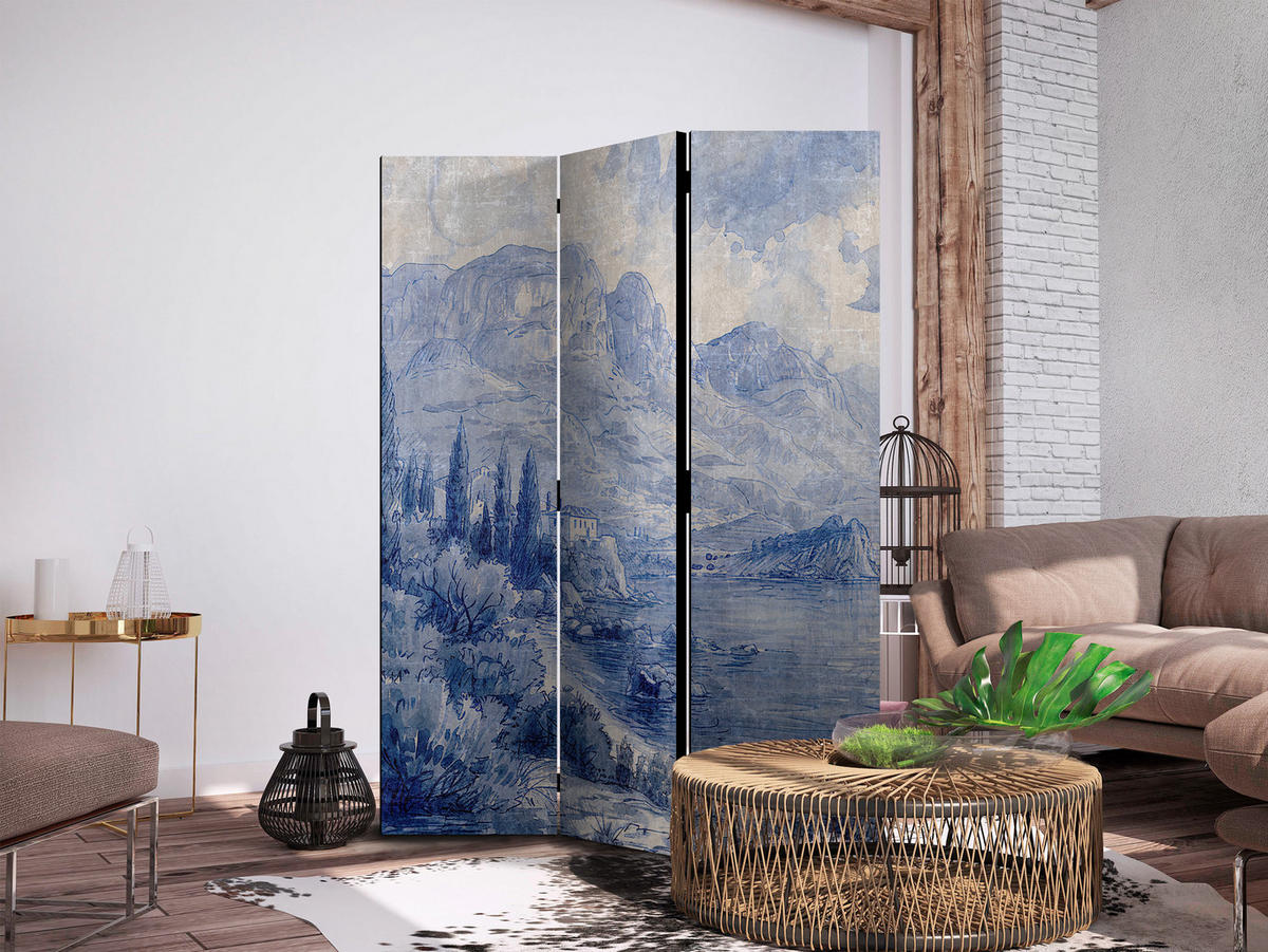 PARAVENT Einseitig Bedruckter 3-tlg 135x172 cm Comer See Vintage - Blau, Holz/Textil (135/172/3cm) - Muralo