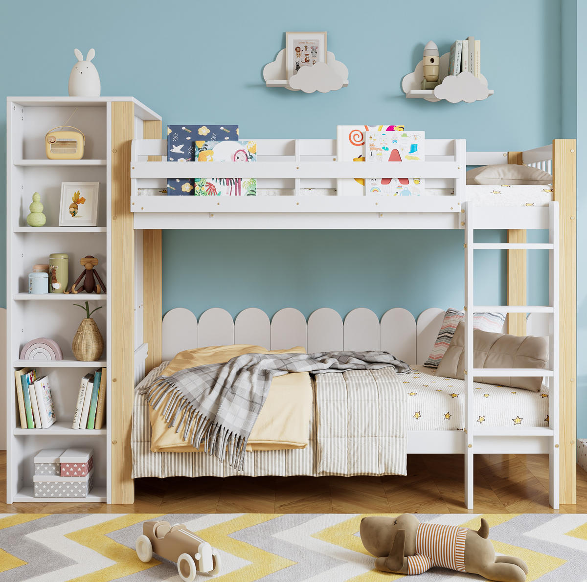 ETAGENBETT 90/200 cm in Weiß/Natur mit Kleiderschrank und Regalen - Weiß, Holzwerkstoff (90/200cm) - BEAOK