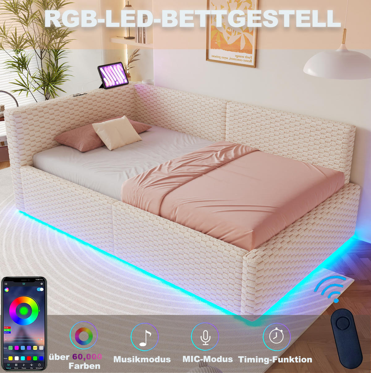 POLSTERBETT 90/200 cm aus Samt mit LED, USB-/Typ-C-Anschluss und hydraulischem Bettkasten, Beige - Beige, Holzwerkstoff (90/200cm) - Redom
