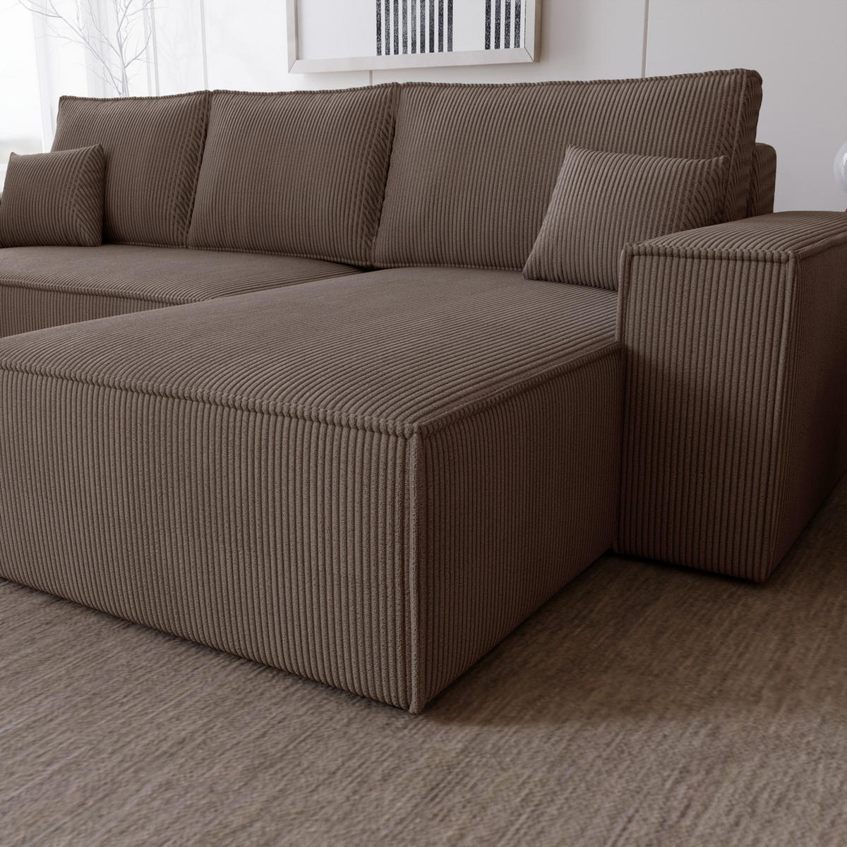 ECKSOFA Bergamo L mit Cordstoff, 280 cm, Schlaffunktion, Rechts - Braun - Braun, Holz (189/277cm) - Emporius