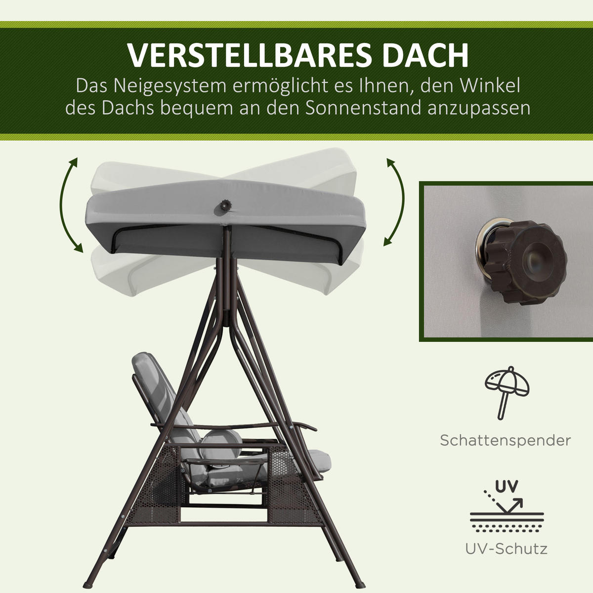 GARTENSCHAUKEL 2-Sitzer mit Sonnendach Kissen Tablett Metall Kunststoff Grau - Grau, Kunststoff/Metall (220/173/162cm) - Outsunny