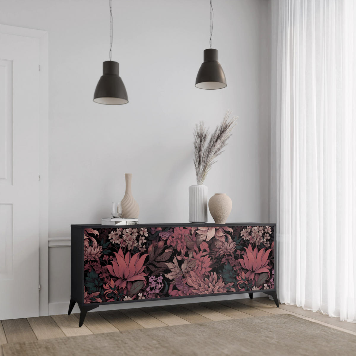 SIDEBOARD FLORAL WHISPER, Eicheneffekt, 164,5x42x77,5 cm, 3 Türen - Eichefarben/Buchefarben, Holzwerkstoff/Buchenholz (164.5/77.5/42cm) - SpaceRebels