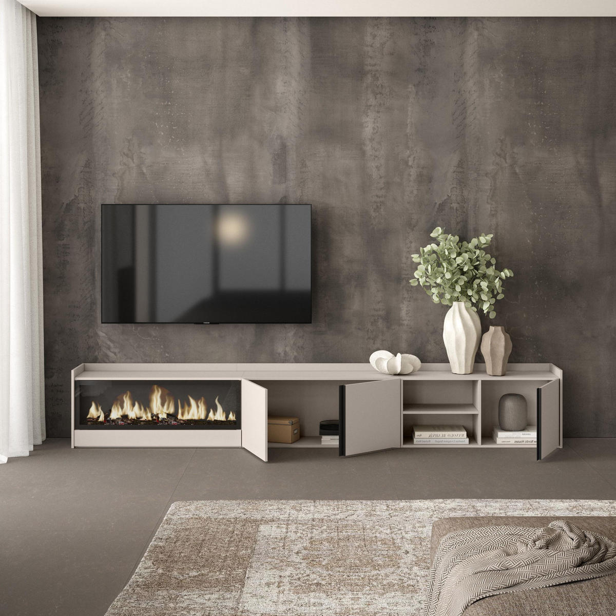 LOWBOARD, Beige, 315/35/50cm, Kamin mit Feuereffekt XXL - Beige, Holzwerkstoff (315/50/35cm) - Skraut Home