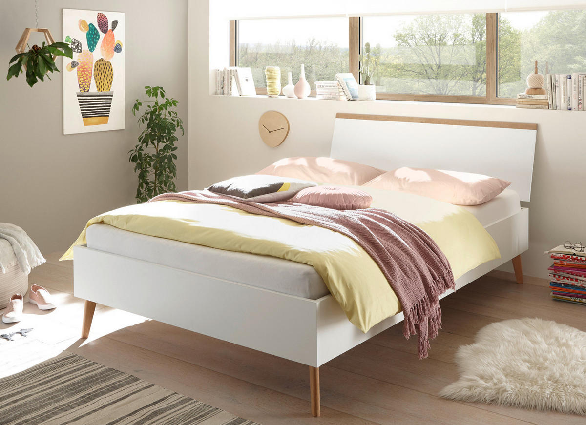 BETT weiß, Eiche Riviera, Einzelbett skandinavisch, Liegefläche 140 x 200 cm - Eichefarben/Weiß, Holzwerkstoff (140/200cm) - Furn.Design