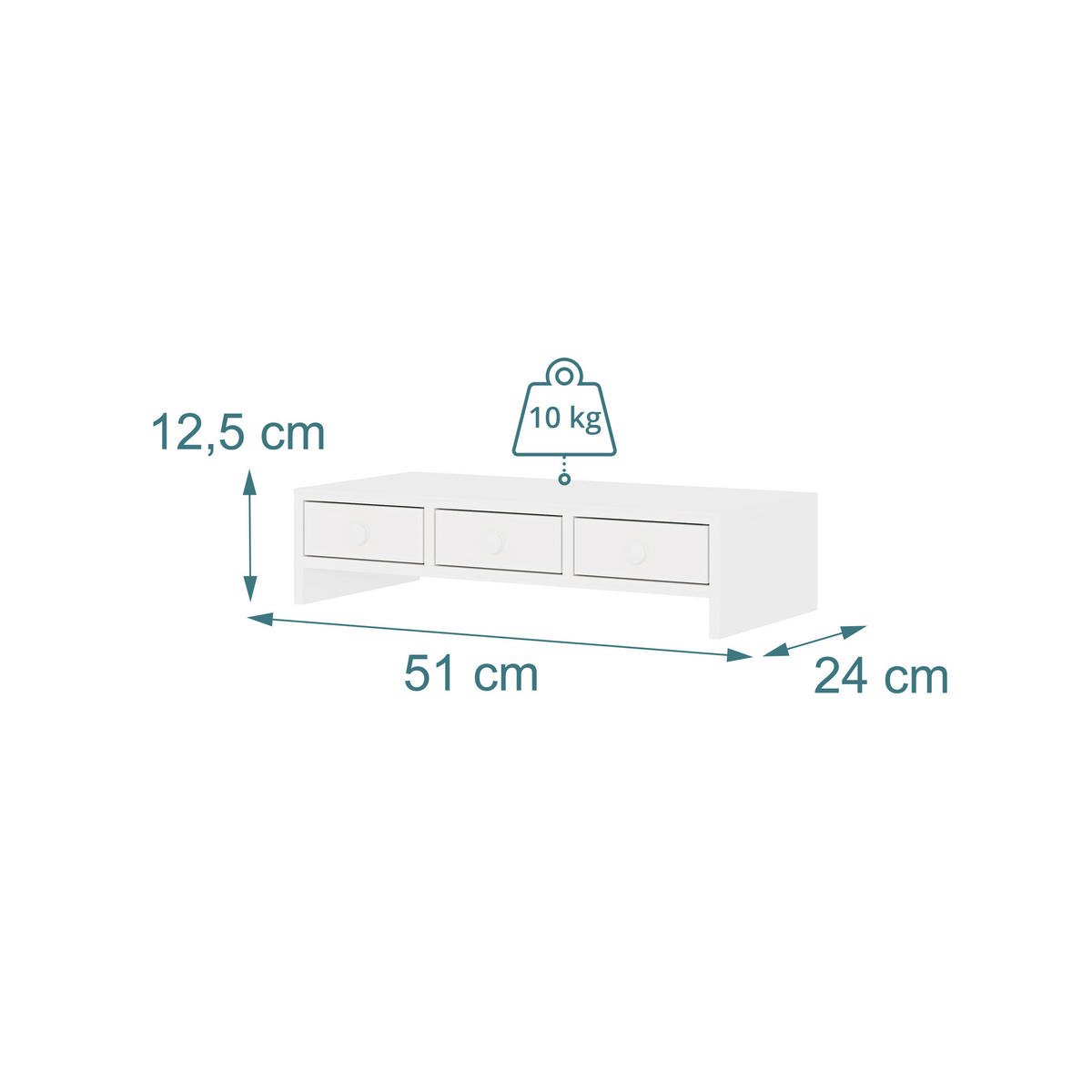 MONITORSTÄNDER Weiß MDF 3 Schubladen - Weiß, Holzwerkstoff (24/51/12.5cm) - Relaxdays