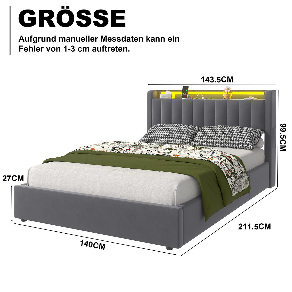 POLSTERBETT 140x190 cm Gepolstert mit Integrierter LED und USB - Grau, Textil (140/190cm) - Modenvie