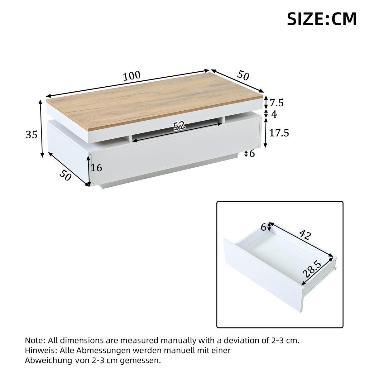 KONFERENČNÍ stolek 100/50/35 cm bílý a dekor dřeva z dřevotřísky s LED osvětlením a 2 zásuvkami - bílá, kompozitní dřevo (100/50/35cm) - OKWISH