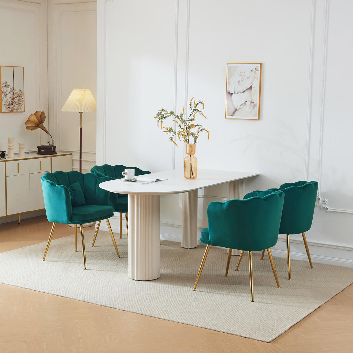 STUHL SET 4-TEILIG Samt Polster Blütenblatt-Rücken Goldfüße & Kissen Grün - Grün, Holz (62/43/54cm) - FLIEKS