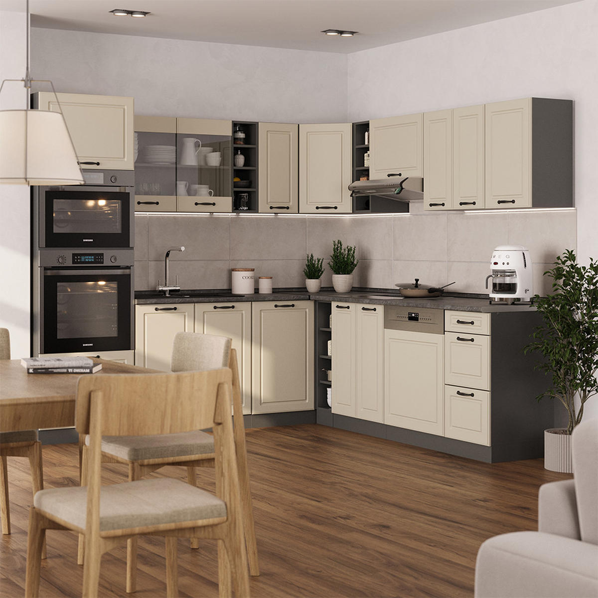 ECKKÜCHE R-Line, Sand Landhaus/Anthrazit, 247 x 237 cm - Beige/Anthrazit, Holzwerkstoff (247/206.8/46cm) - Vicco
