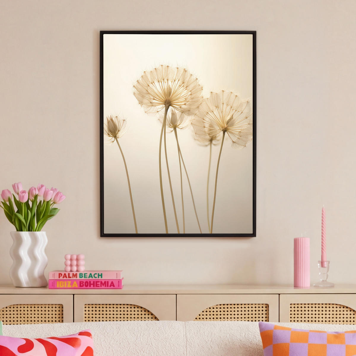 LEINWAND Bilder mit Rahmen - Sonnenlicht - Löwenzahn - Botanisch - Blumen - 70x100 - Creme, Textil (70/100cm) - MuchoWow