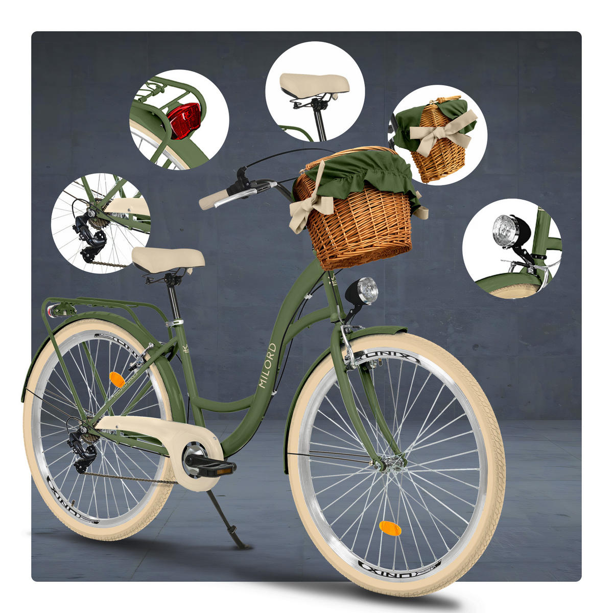 CITY-FAHRRAD Milord mit Weidenkorb, 28 Zoll, Khaki, 7-Gang - Grün, Metall (46cm) - Milordbikes