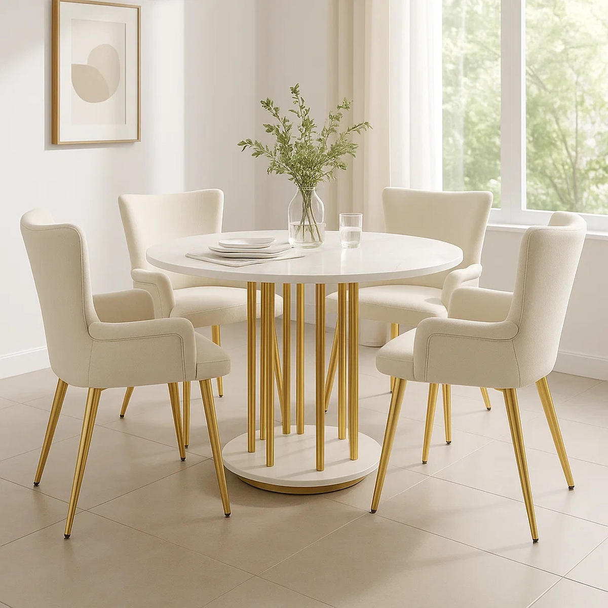 ESSTISCH SET mit 4 Stühlen, Weißer Marmoroptik und Goldene Beine - Beige, Holzwerkstoff/Textil (110/74.6/110cm) - Urban Meuble