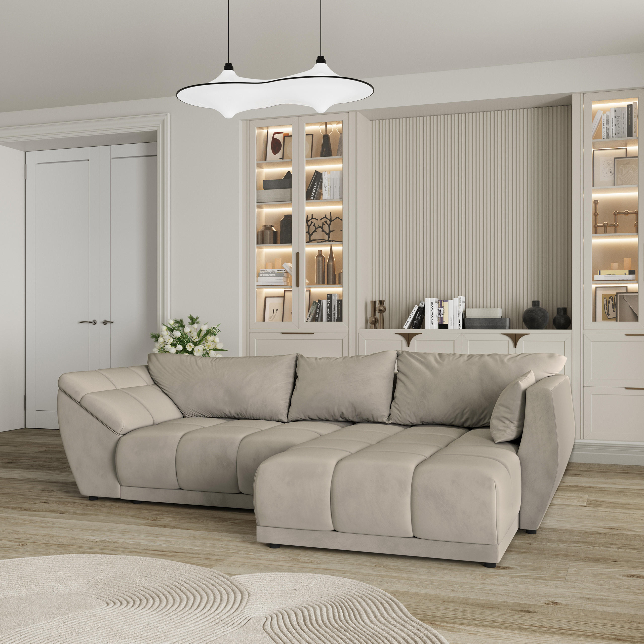 ECKSOFA ORENTI R-S Beige Velours-Stoff mit Schlaffunktion - Beige, Holz (287/182cm) - MASSENO