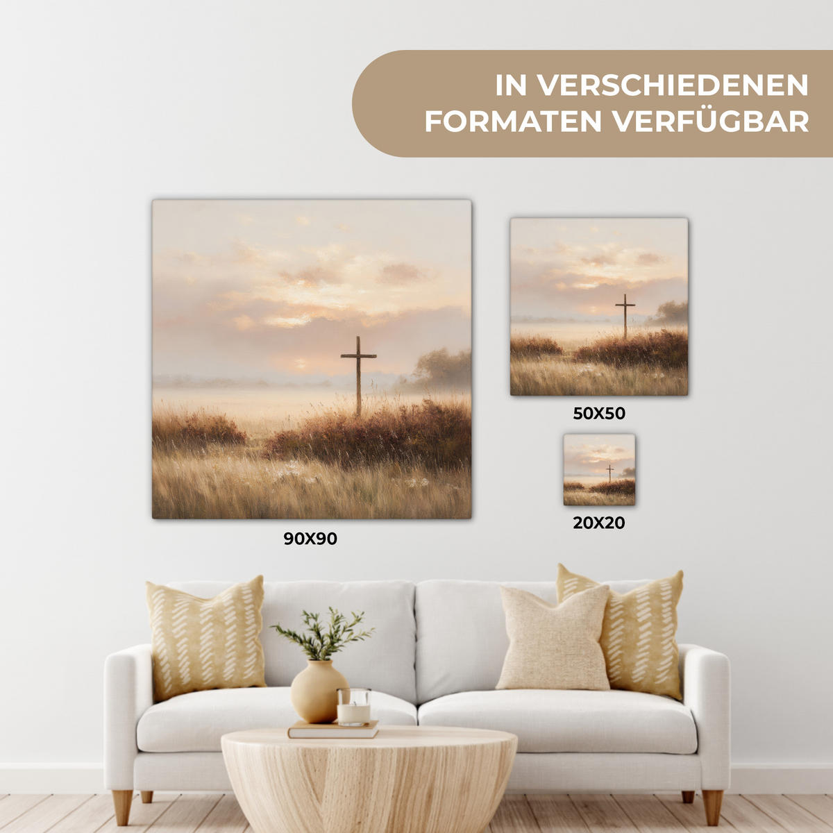 LEINWANDBILD Gras - Morgennebel - Kreuz - Christentum Deko Groß 90x90 cm - Beige, Textil (90/90cm) - MuchoWow