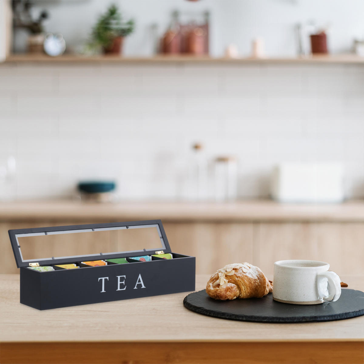 TEEBOX - Schwarz, Holz/Kunststoff (43.5/9/9cm) - Relaxdays