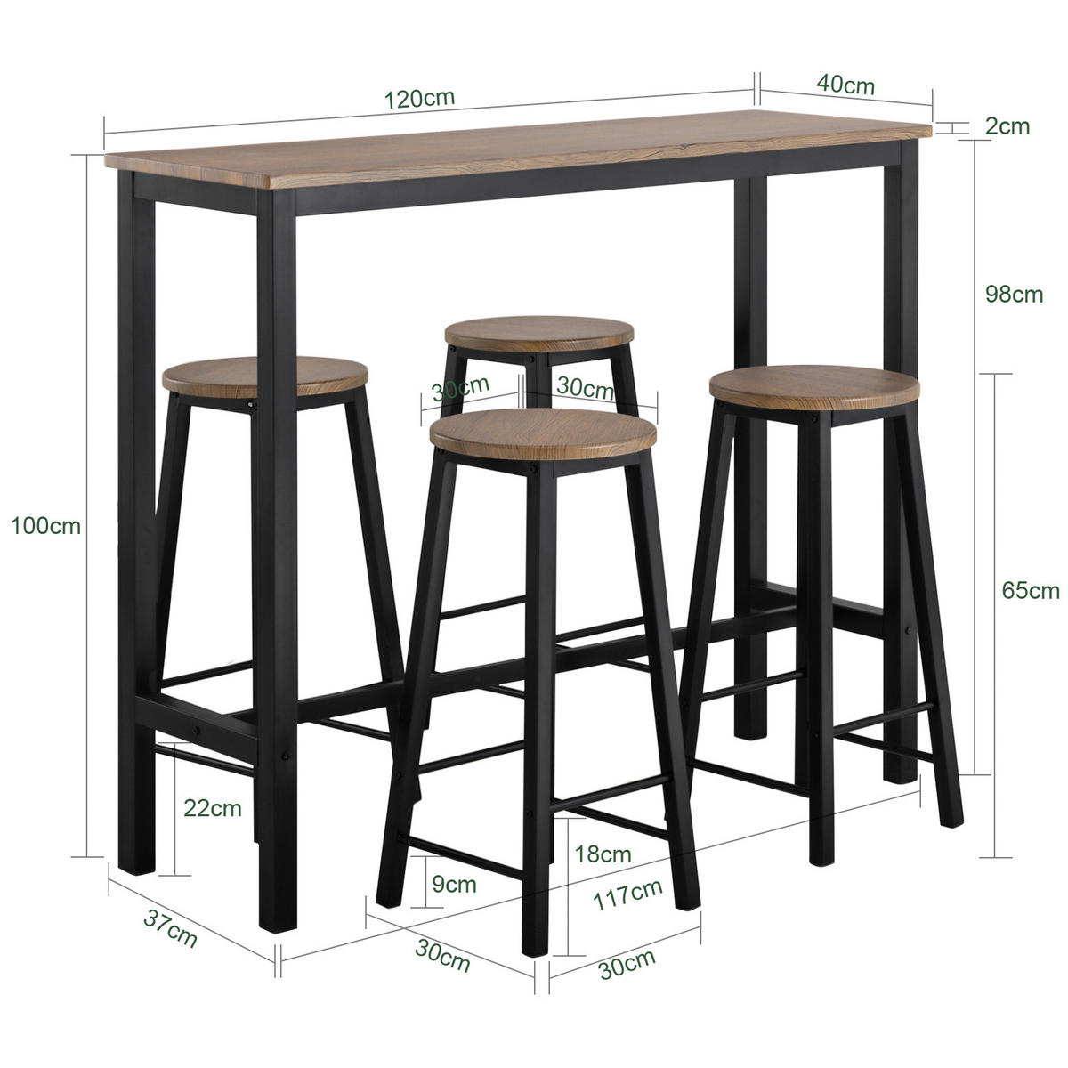 BARTISCH + 4 x BARHOCKER - Schwarz, Holzwerkstoff (120/100/40cm) - SoBuy