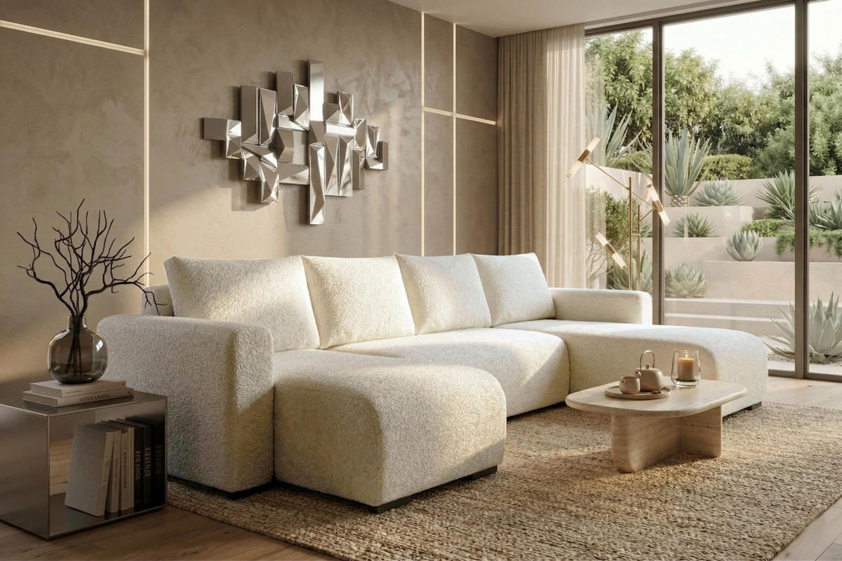 WOHNLANDSCHAFT DORA U mit Bettkasten und Schlaffunktion, U-Form, bequem - Beige, Textil (305/85/140cm) - Storez24