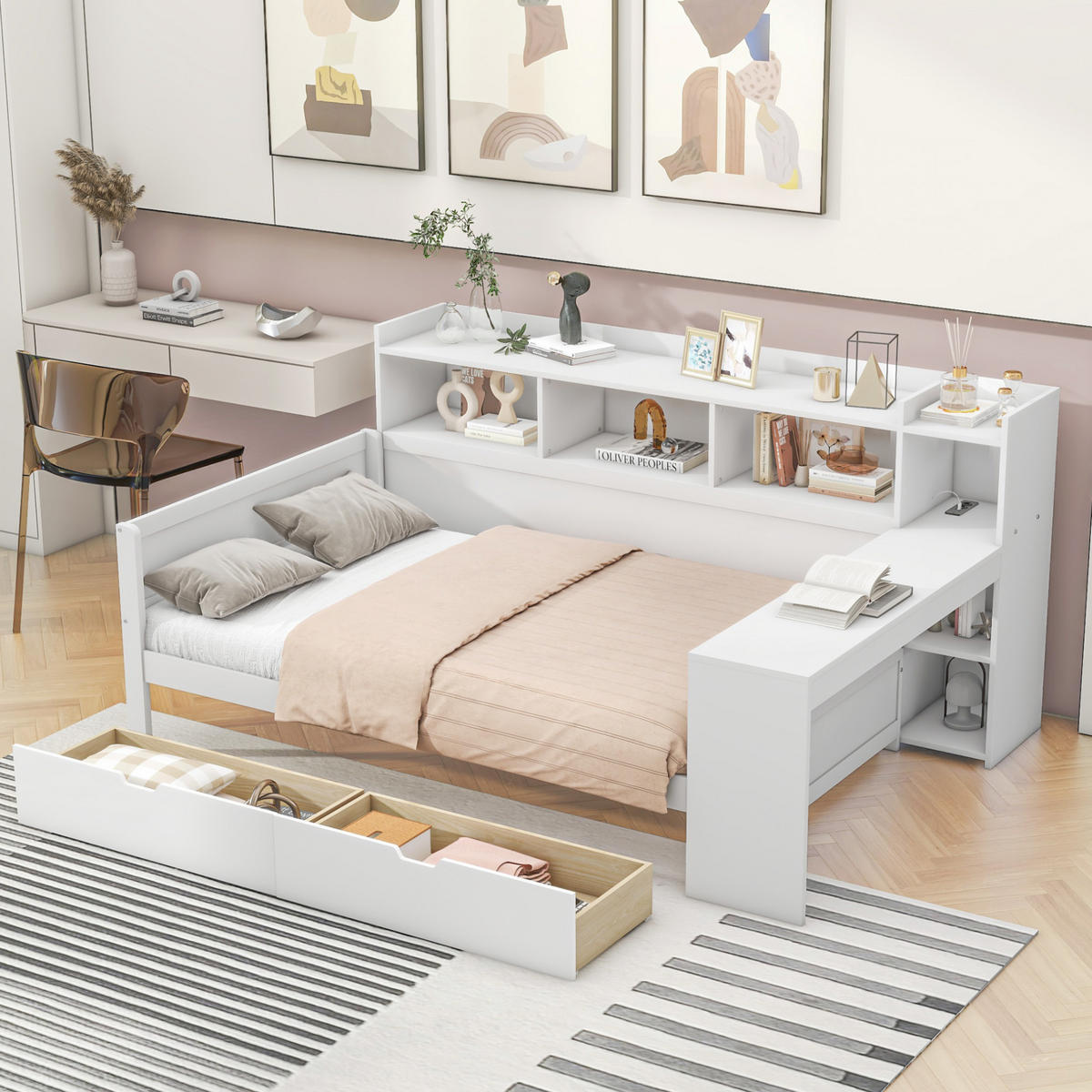 TAGESBETT 90/200 cm mit Schreibtisch, USB-Anschluss, Steckdose und 2 Schubladen, Weiß - Weiß, Holzwerkstoff (90/200cm) - Redom