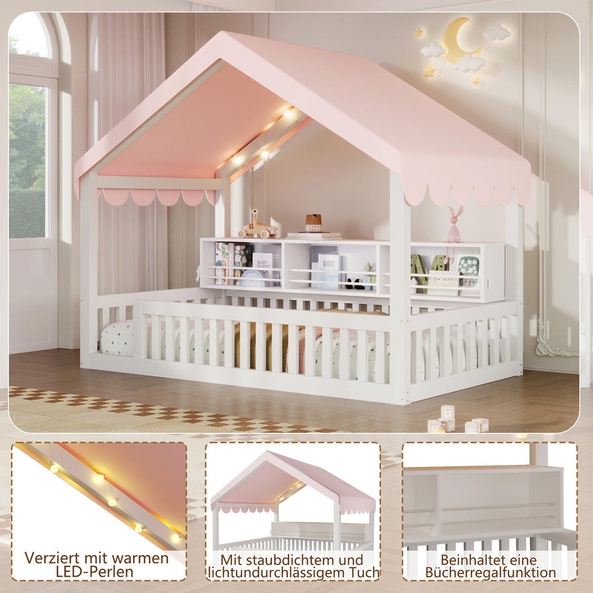 HAUSBETT 90x200 cm mit Baldachin, LED-Lichterkette und Bücherregal, Weiß - Weiß, Holz (90/200cm) - KOMHTOM