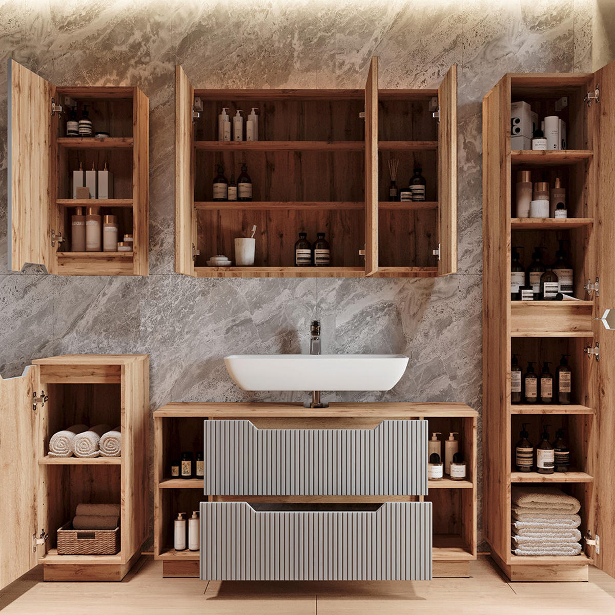 BADMÖBEL-SET Lotta Eiche/grau gestreift 3 Teile - Eichefarben/Grau, Holzwerkstoff (119.2/62.5/35cm) - Vicco