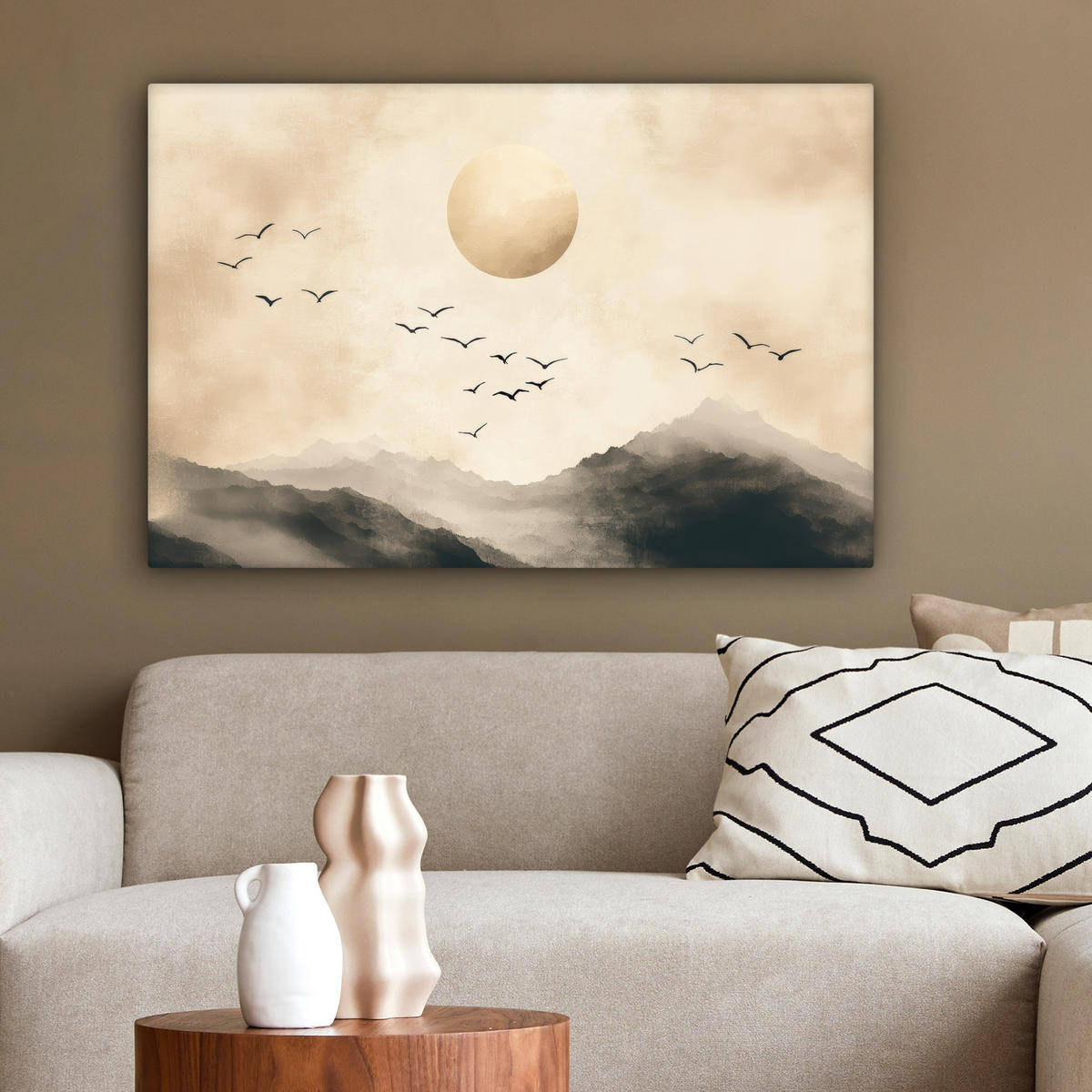 LEINWANDBILD Landschaft - Japandi - Vogel Gemälde 60x40 cm - Beige, Textil (60/40cm) - MuchoWow