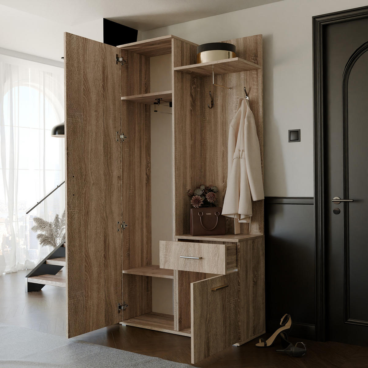 GARDEROBENSCHRANK mit Spiegel-mit Ablagen und Kleiderstange - Graubraun/Braun, Holzwerkstoff (97/195/30cm) - Idohome