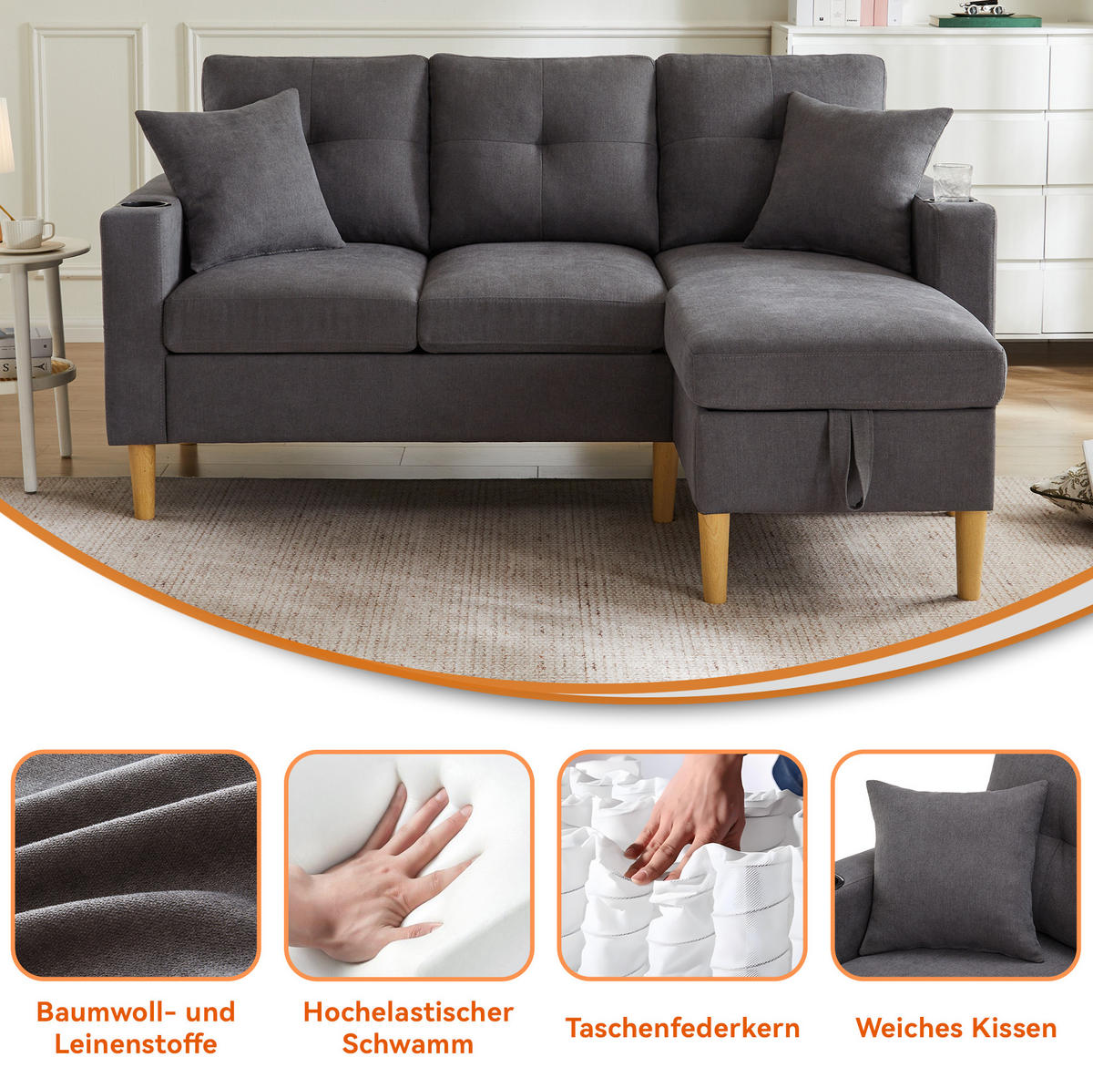 ECKSOFA Baumwoll-Leinen mit Stauraum und Getränkehaltern 175/129/90 cm Dunkelgrau inklusive 2 Kissen - Dunkelgrau, Textil (175/129cm) - Redom