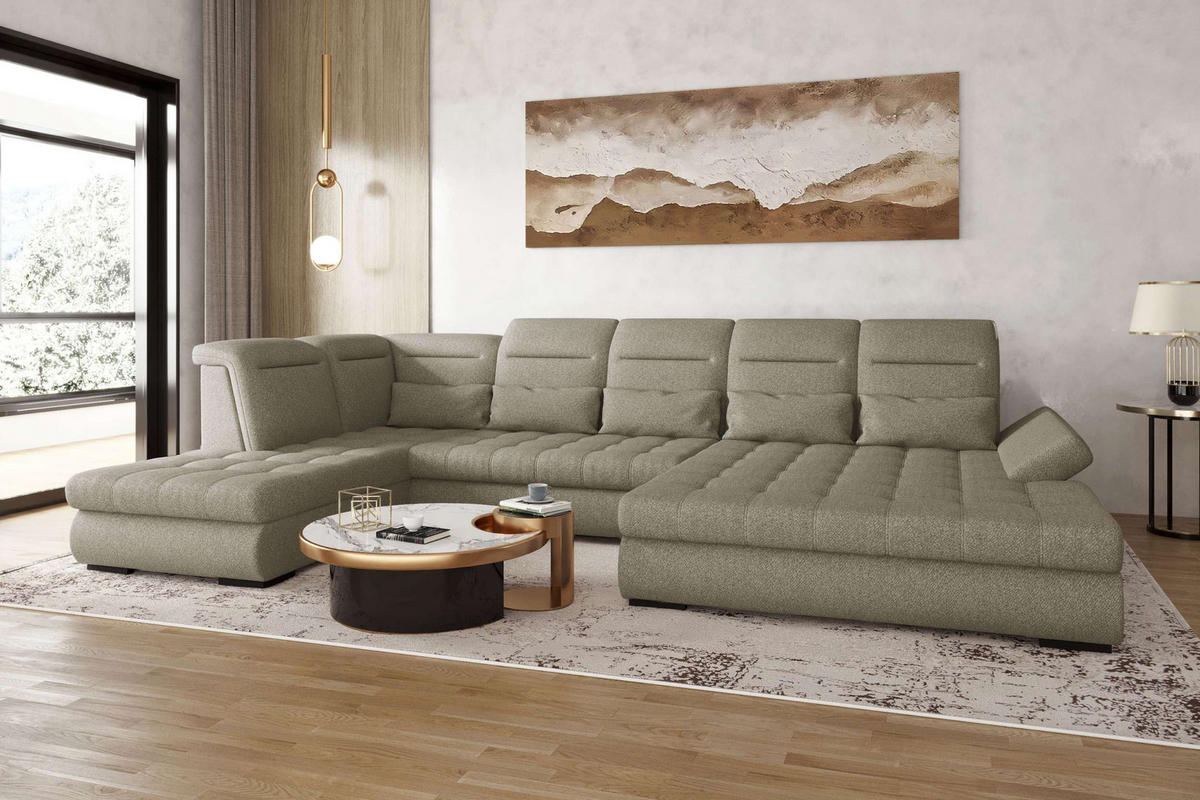 WOHNLANDSCHAFT Toscana Strukturstoff inkl. Schlaffunktion - Hellbraun, Textil (358/87/208cm) - 99rooms