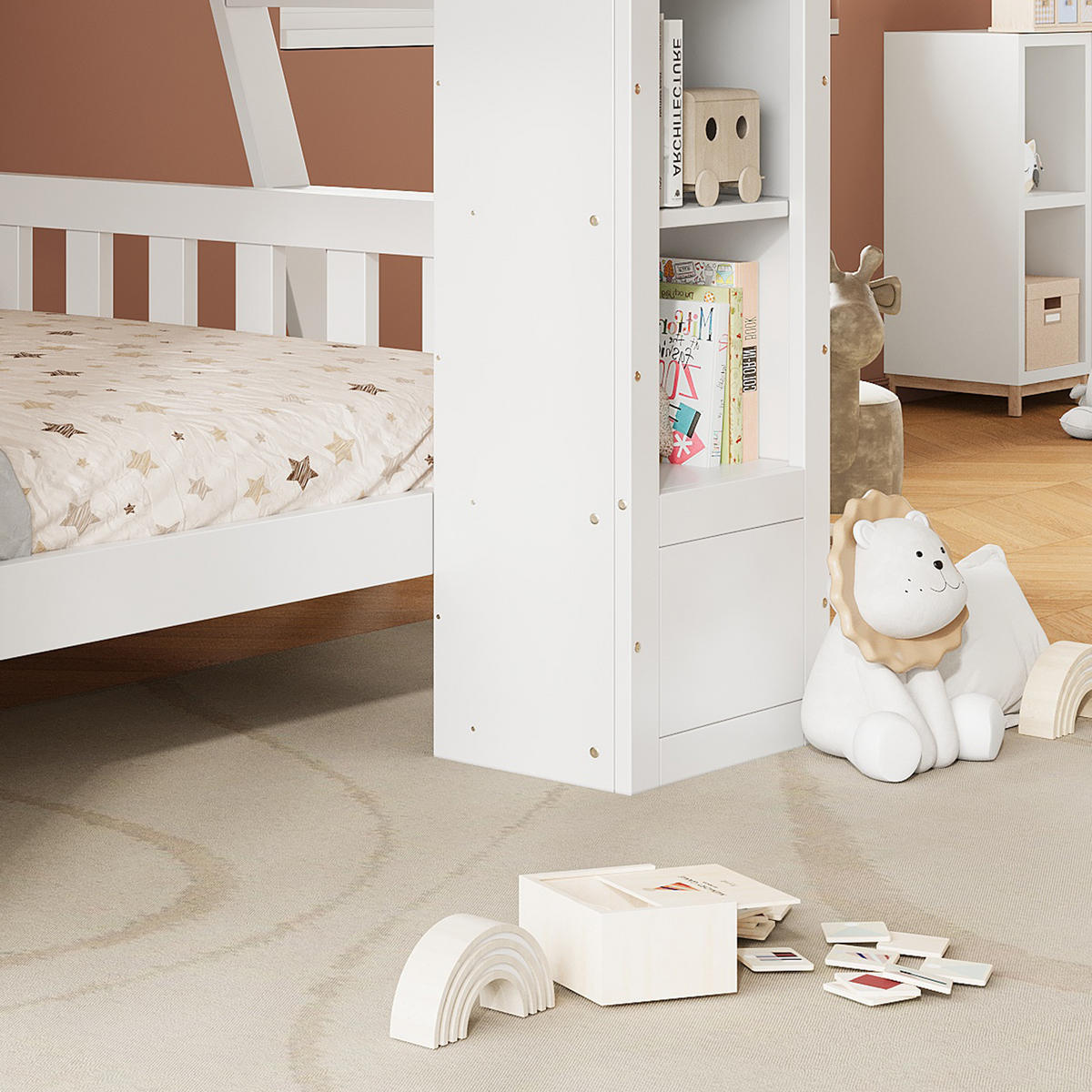 ETAGENBETT 90/200 cm in Weiß mit 2 Frontschränken, Hängeregal, Leiter und Rausfallschutz aus Massivholz und MDF - Weiß, Holzwerkstoff (90/200cm) - STILVORA