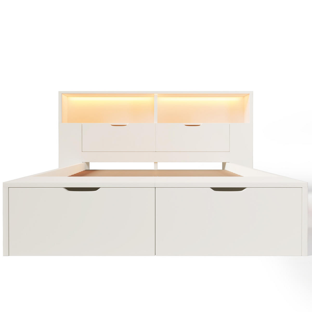 HOLZBETT 140/200 cm mit LED-Beleuchtung, USB-C/USB-Anschlüssen, Stauraum, Bettbank und Schubladen, Weiß - Weiß, Holzwerkstoff (140/200cm) - Redom