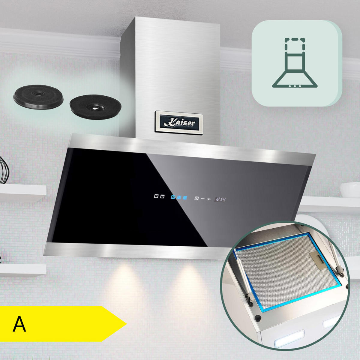 DUNSTABZUGSHAUBE AT 8435 Eco 80 cm Schwarz - Schwarz, Glas/Metall (80/75.5/37.5cm) - Kaiser Küchengeräte