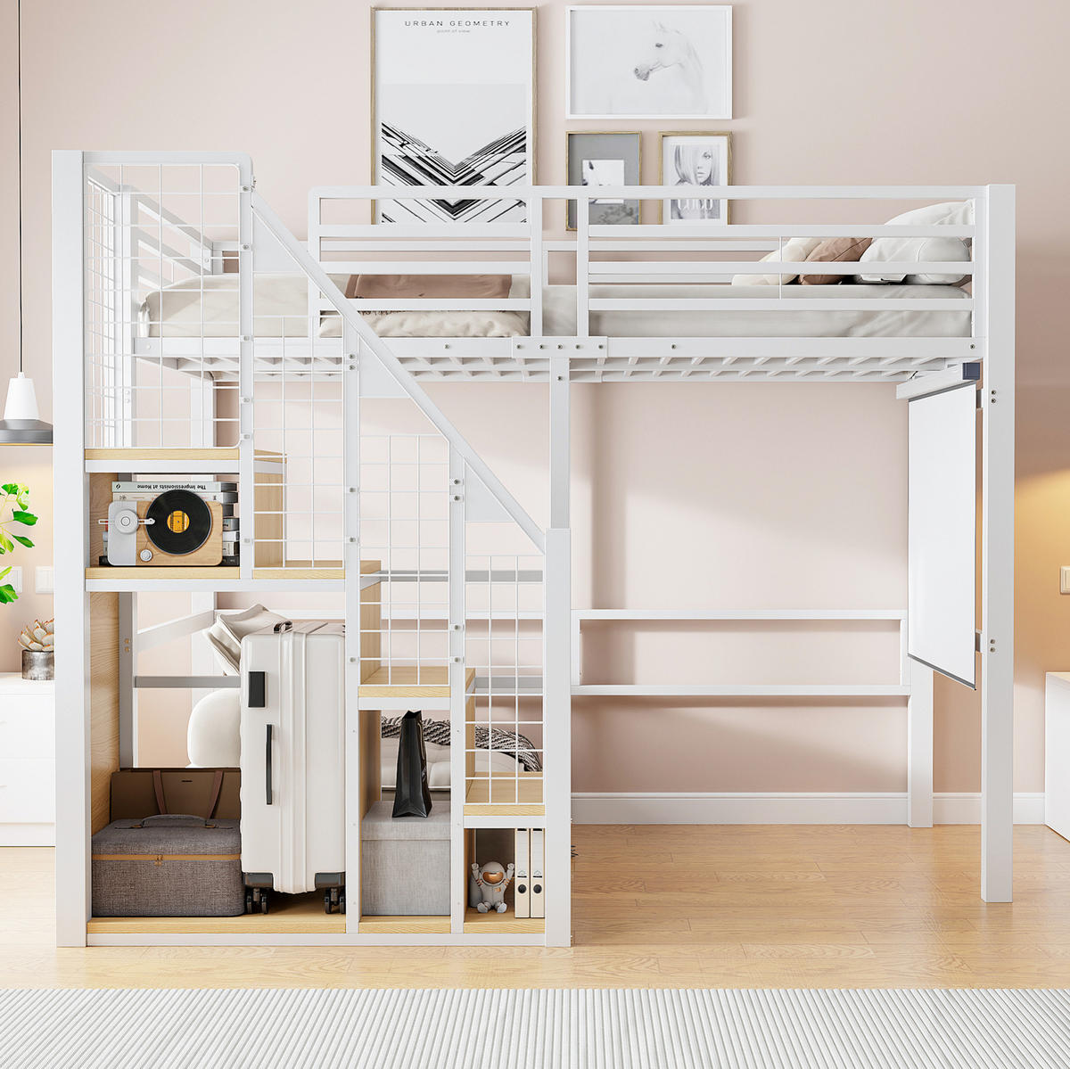 HOCHBETT 90/200 cm, Weiß mit Stauraum und Treppe - Weiß, Metall (90/200cm) - MIVRAY