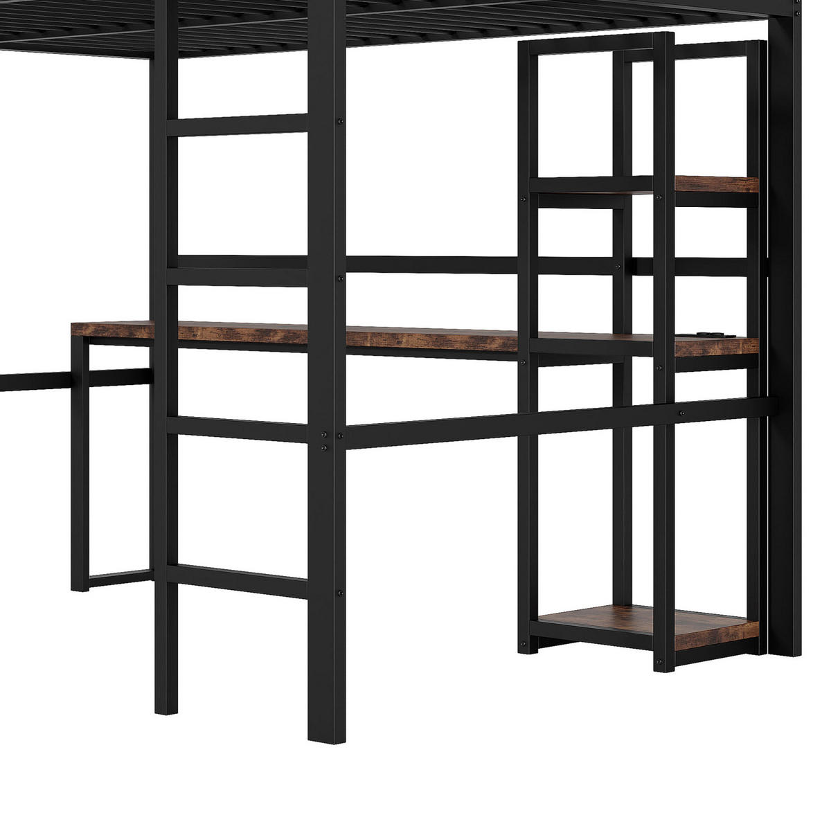 HOCHBETT mit Schreibtisch 140/200 cm in Schwarz – mit Regalen, Leiter und Rausfallschutz - Schwarz, Metall (140/200cm) - BEAOK