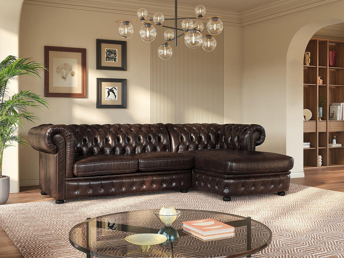CHESTERFIELD Ecksofa - Ecke Rechts - Büffelleder - Dunkelbraun - BRENTON - Braun, Leder (274/166cm) - Vente-Unique