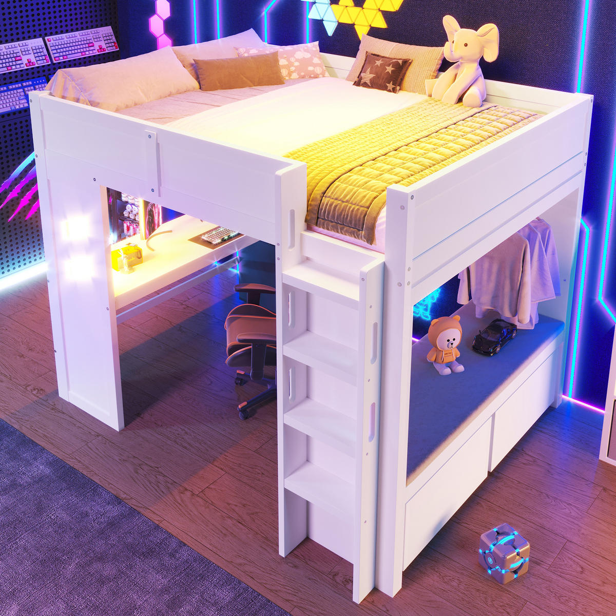 HOCHBETT 140/200 cm mit Schreibtisch und LED-Beleuchtung in Weiß - Weiß, Holz (140/200cm) - OKWISH