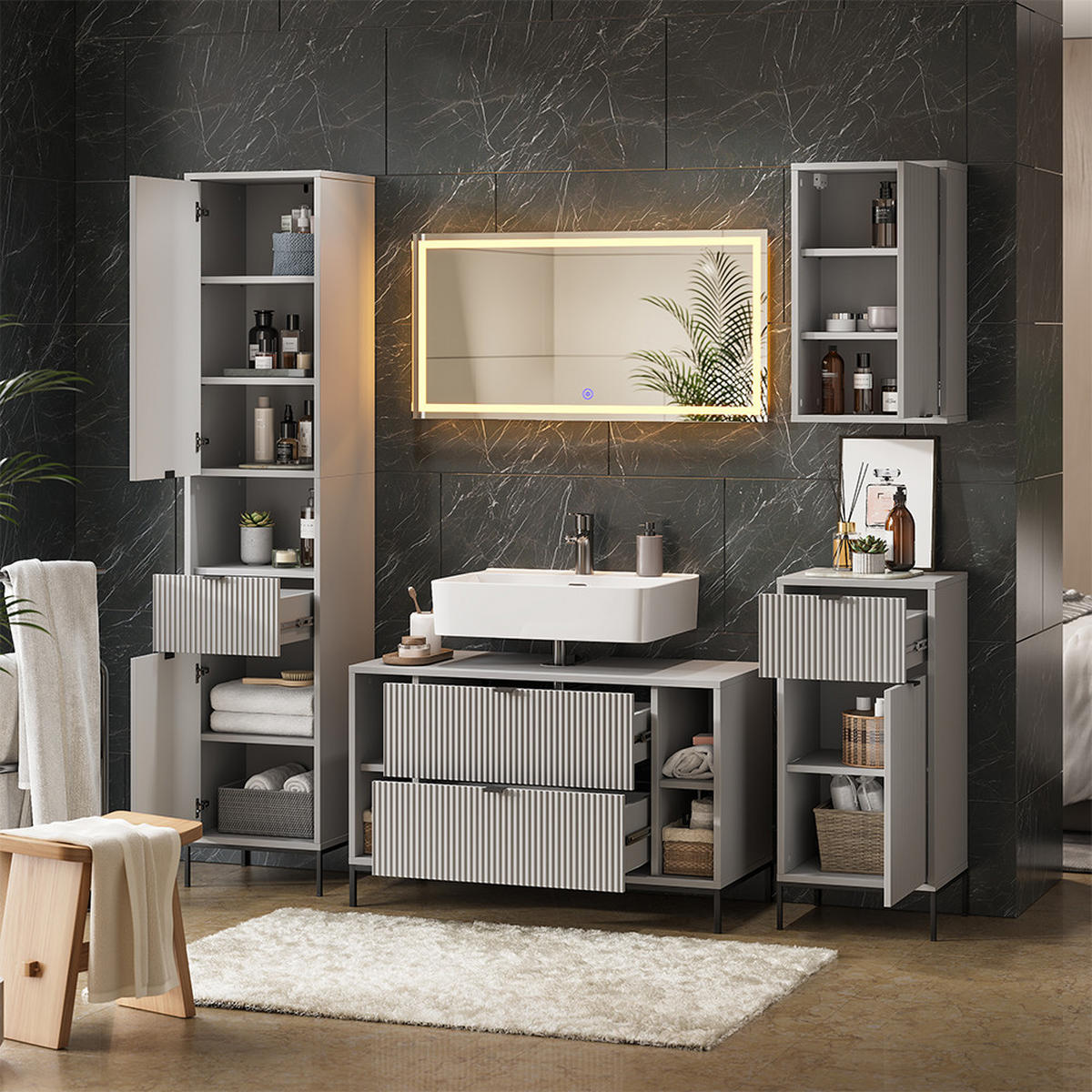 BADMÖBEL-SET Eliza Grau 5 Teile - Grau, Holzwerkstoff (100/63/45.1cm) - Vicco