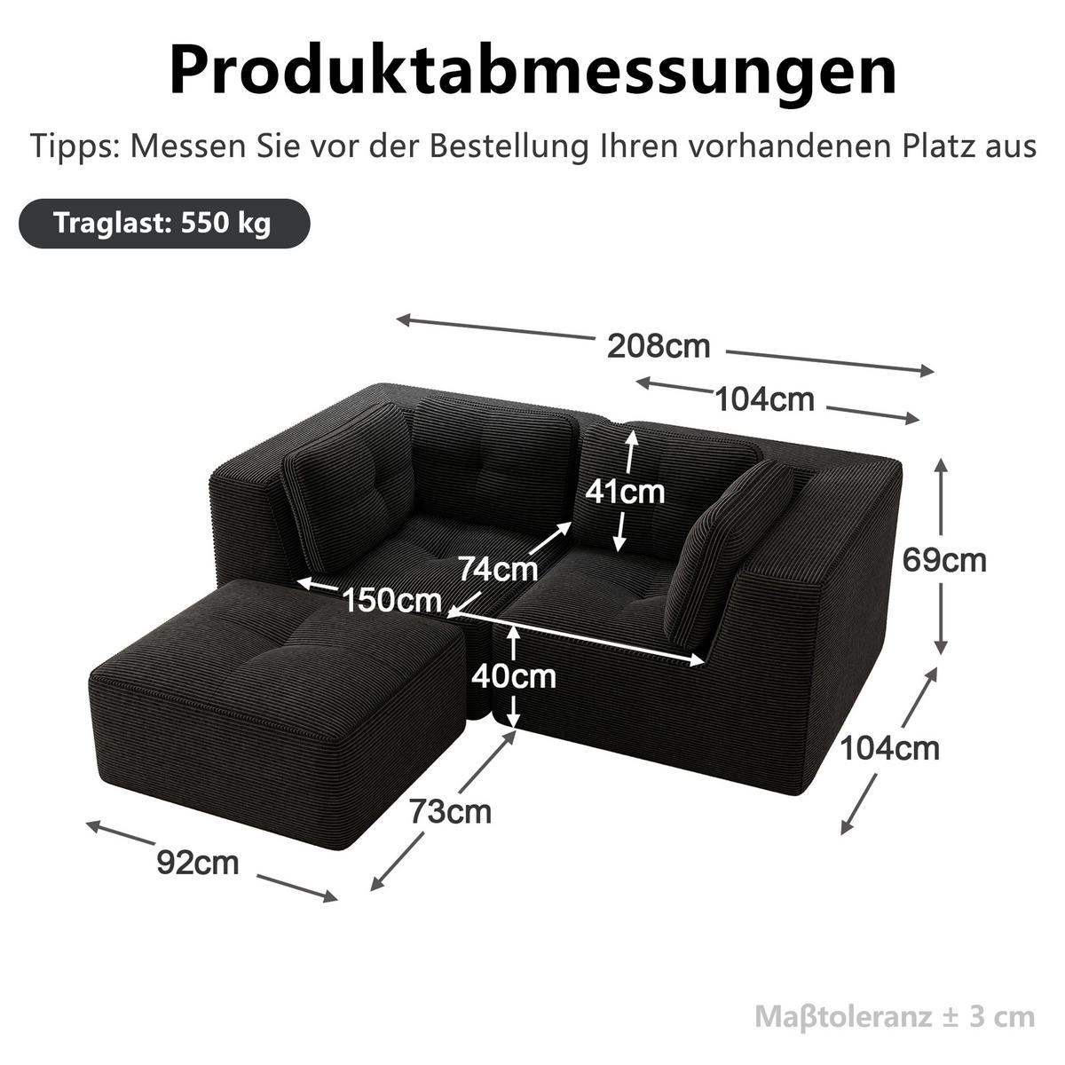 ECKSOFA DE-34220 2-Sitzer mit Fußstütze Schwarz - Schwarz, Textil (177/208cm) - ComfortXL