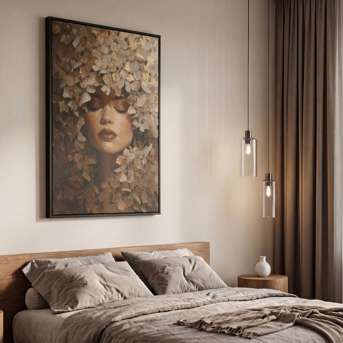 LEINWAND Bilder mit Rahmen - Gesicht - Dame - Blätter - Pinselstriche - 60x90 - Goldfarben, Textil (60/90cm) - MuchoWow