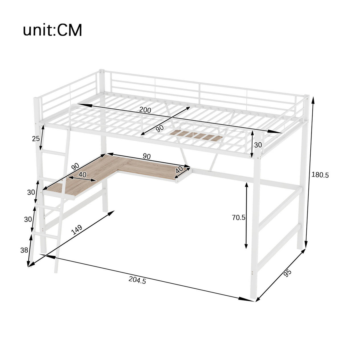 HOCHBETT 90/200 cm aus Metall/MDF mit L-förmigem Schreibtisch und Regal Weiß - Weiß, Metall (90/200cm) - Modenvie