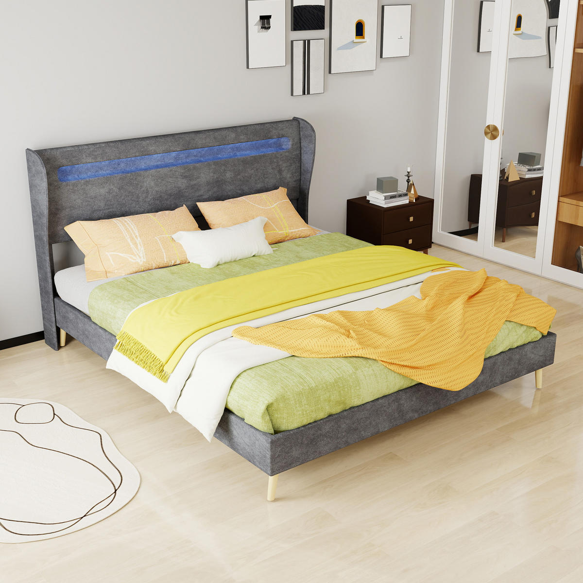 POLSTERBETT 160/200 cm DE-32987 mit LED-Kopfteil und Matratze Grau - Grau, Metall (160/200cm) - ComfortXL
