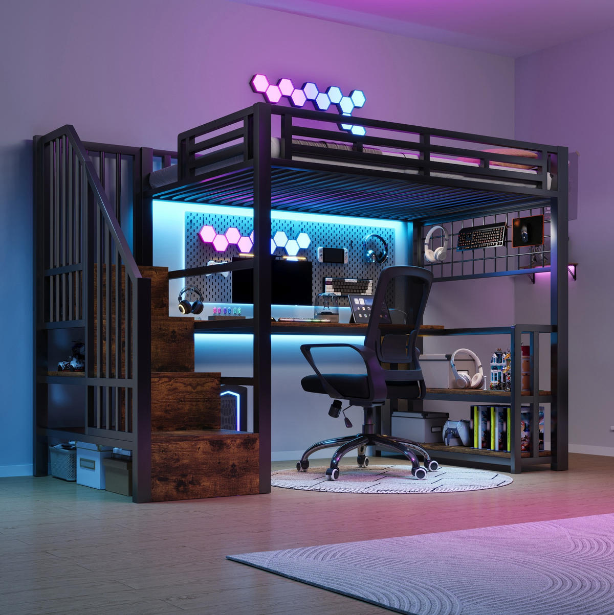 HOCHBETT 90/200 cm, Schwarz mit Schreibtisch, LED-Lichtleiste - Schwarz, Metall (90/200cm) - MIVRAY