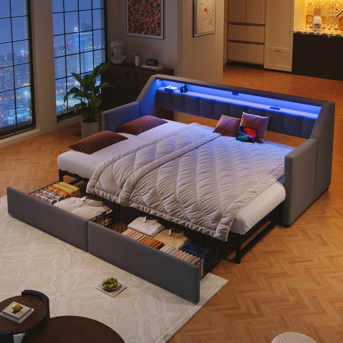 TAGESBETT 90/200 cm aus Leinen mit USB, Type-C, LED-Leiste, 2 Schubladen und Ausziehfunktion, Grau - Grau, Textil (90/200cm) - Redom